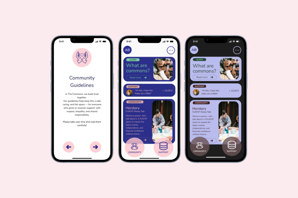 Drei iPhone-Screenshots der App „The Commons". Erstes Bild: Onboarding-Seite „Community Guidelines" mit einem Icon zweier schützender Hände und einem Text über gemeinsame Verantwortung, Respekt und Empathie. Zweites Bild: Startseite im hellen Modus mit drei Inhaltskarten – ein Lernbeitrag „What are commons?", ein Unterstützungseintrag mit einer Geldspende von 10 €, und ein Community-Event „Herstory – FLINTA* Money Talk". Navigation unten mit „Community" und „Support". Drittes Bild: Dieselbe Startseite im Dunkelmodus.
